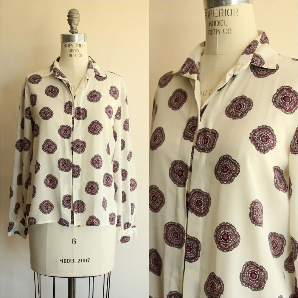 Vintage 1980s 1990s Blouse, Collection White and Purple Mandala Type Shirt